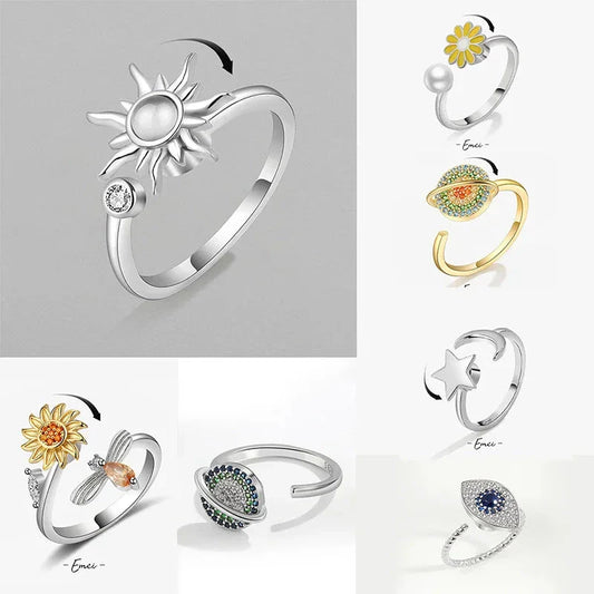 Anti-Stress Spinner Ring for Women – 18K Gold Plated Stainless Steel Fidget Ring with Sunflower & Star Design, Anxiety Relief Jewelry Gift