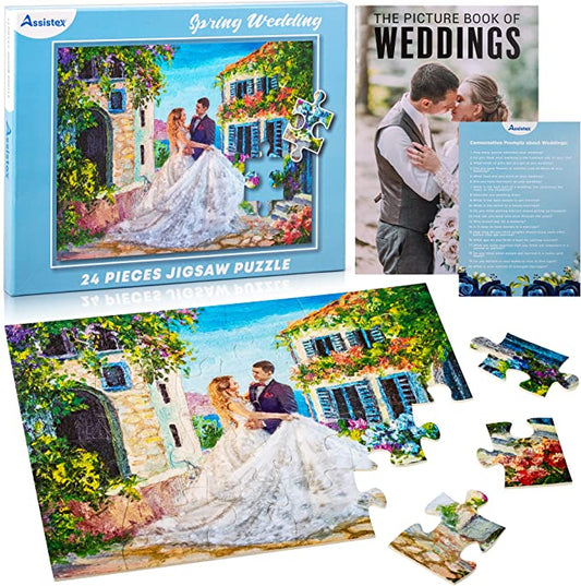 Spring Wedding 24-piece large piece jigsaw puzzle box with wedding picture book and scattered puzzle pieces — Assistex via EOWD Autism Living