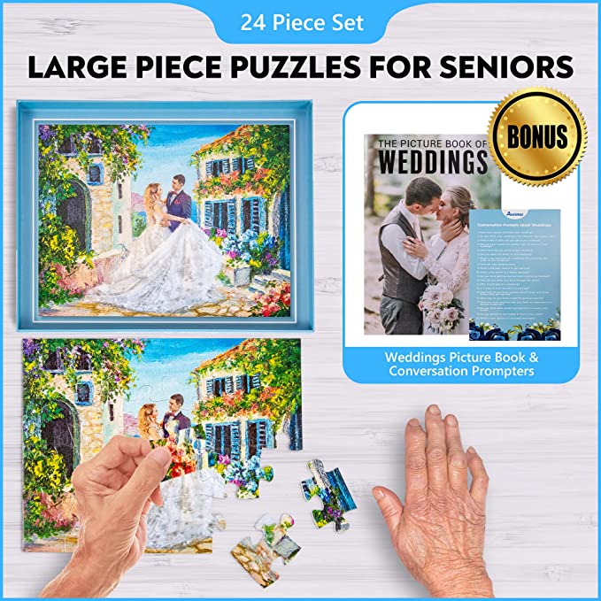 Spring Wedding puzzle packaging, hands with large puzzle pieces, The Picture Book of Weddings, and a conversation-prompt flyer — Assistex via EOWD Autism Living