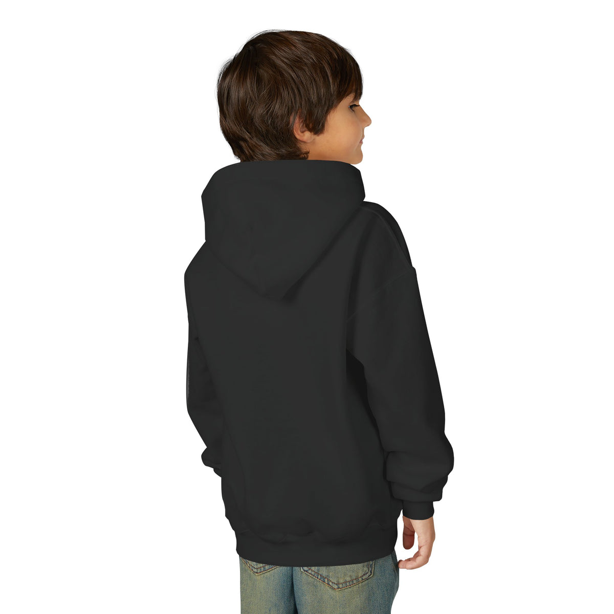 Back view of a young person wearing the Black youth hoodie — EOWD Autism Living