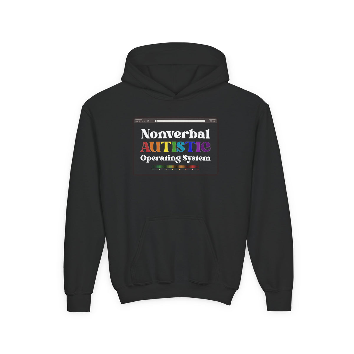 Flat front view of the Black youth hoodie showing the colorful “Nonverbal AUTISTIC Operating System” graphic — EOWD Autism Living