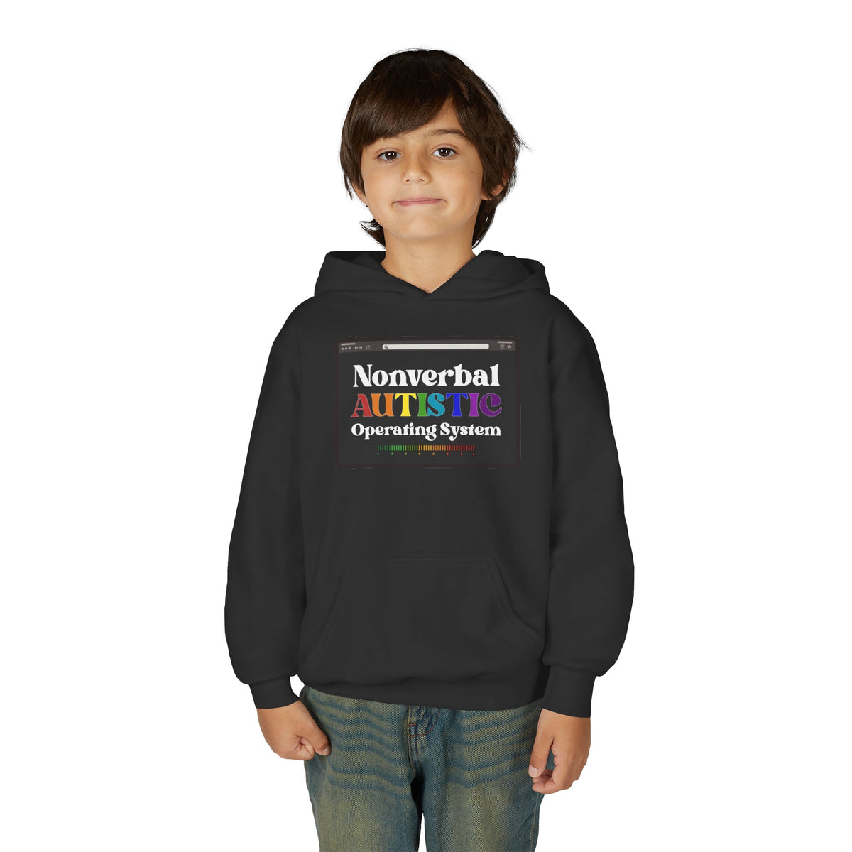Front view of a young person wearing the Black youth hoodie with the colorful “Nonverbal AUTISTIC Operating System” graphic — EOWD Autism Living