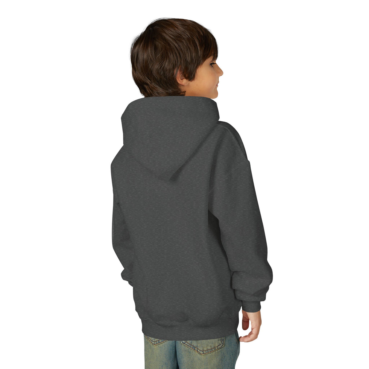 Back view of a young person wearing the Dark Heather youth hoodie — EOWD Autism Living