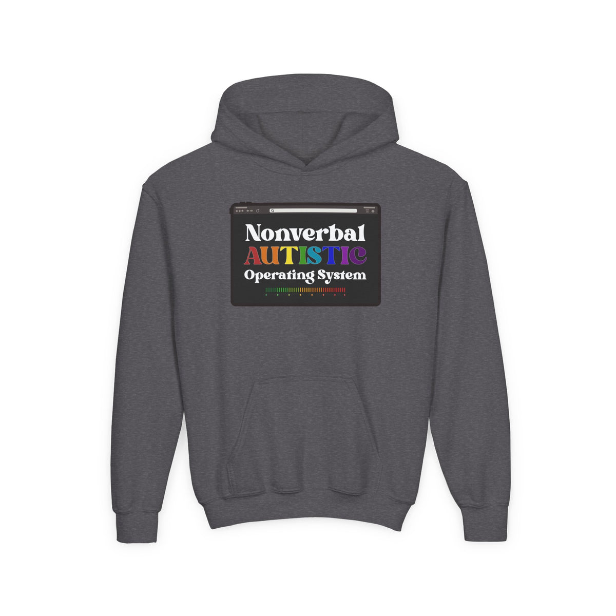 Flat front view of the Dark Heather youth hoodie showing the colorful “Nonverbal AUTISTIC Operating System” graphic — EOWD Autism Living