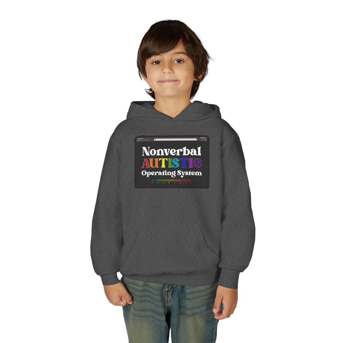 Front view of a young person wearing the Dark Heather youth hoodie with the colorful “Nonverbal AUTISTIC Operating System” graphic — EOWD Autism Living