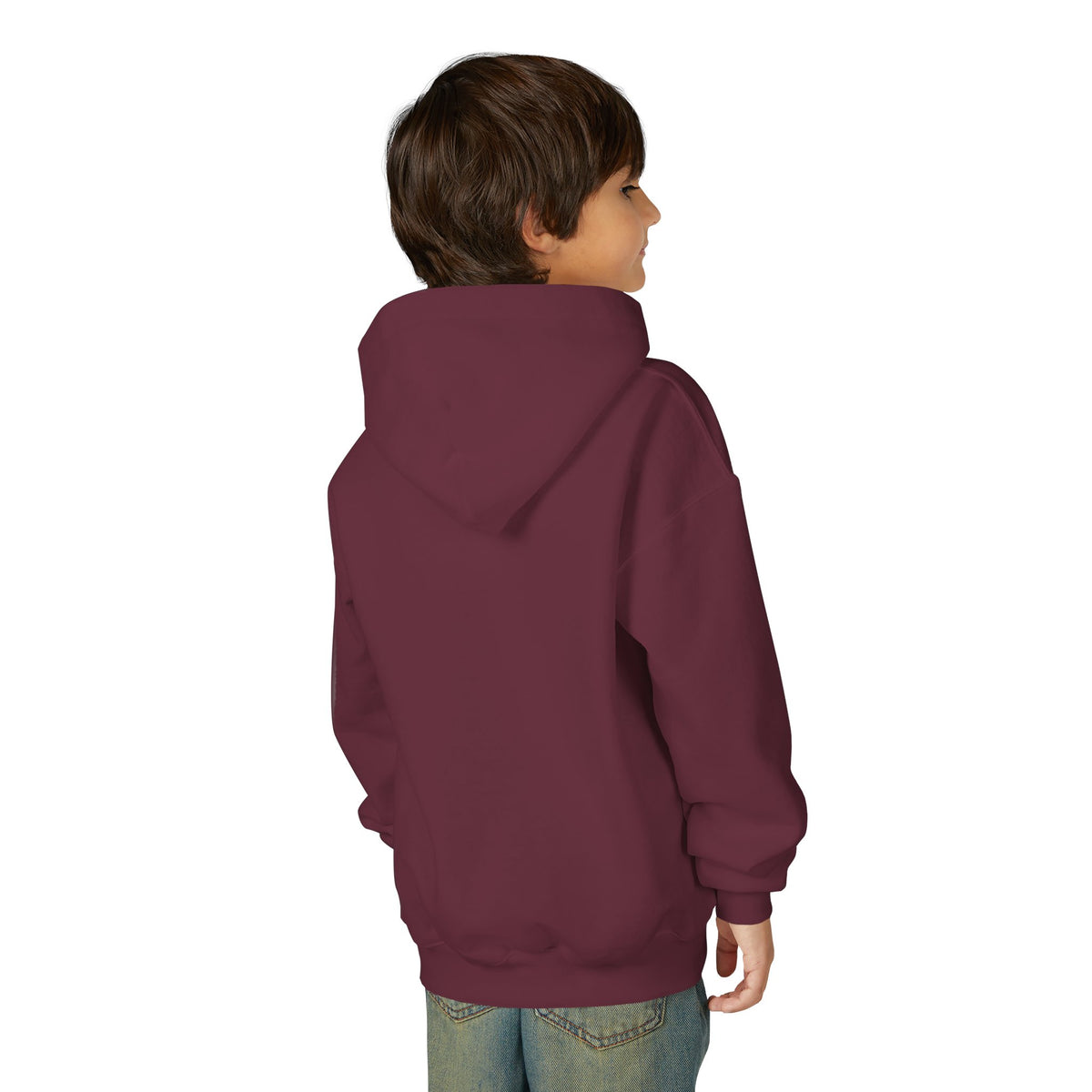 Back view of a young person wearing the Maroon youth hoodie — EOWD Autism Living