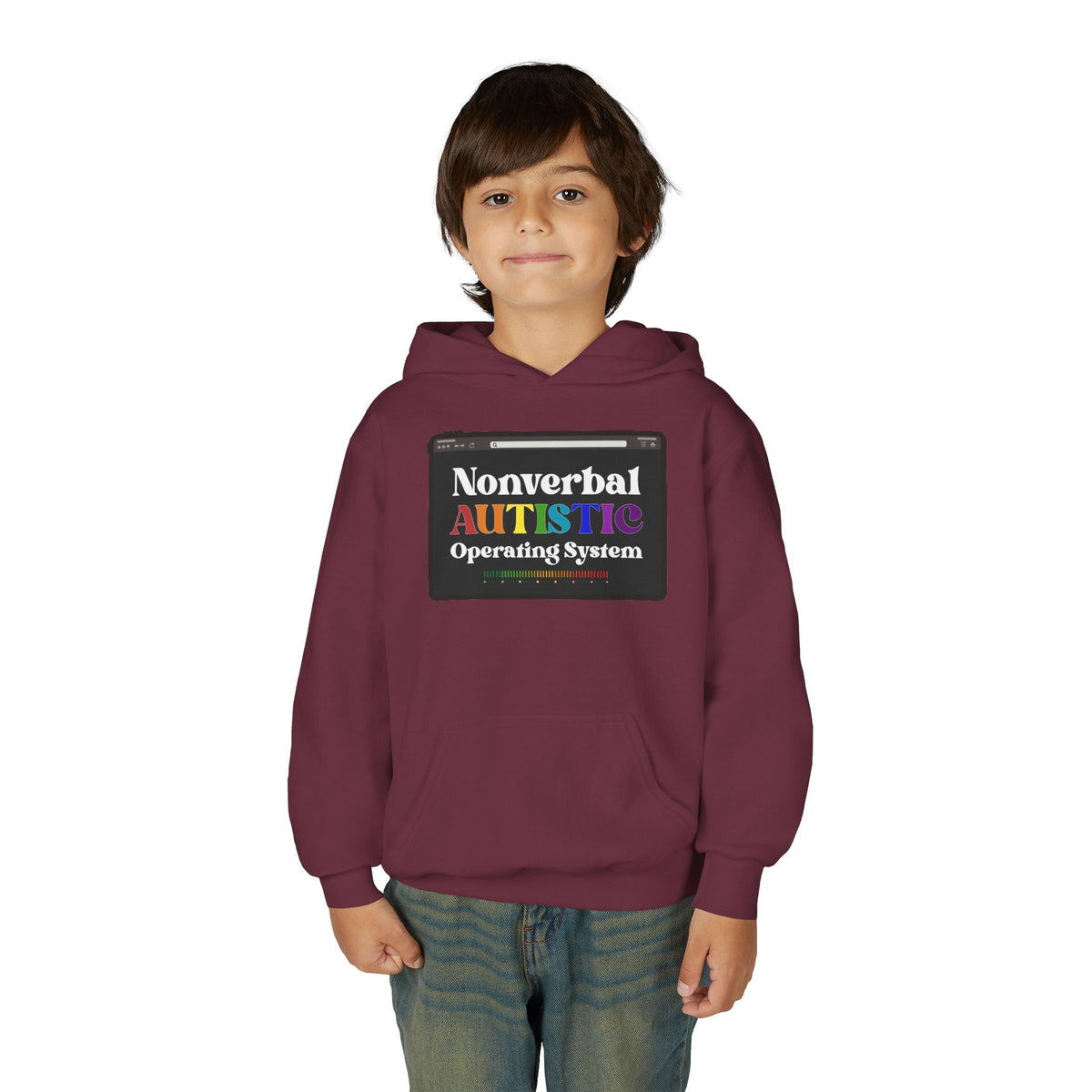Front view of a young person wearing the Maroon youth hoodie with the colorful “Nonverbal AUTISTIC Operating System” graphic — EOWD Autism Living