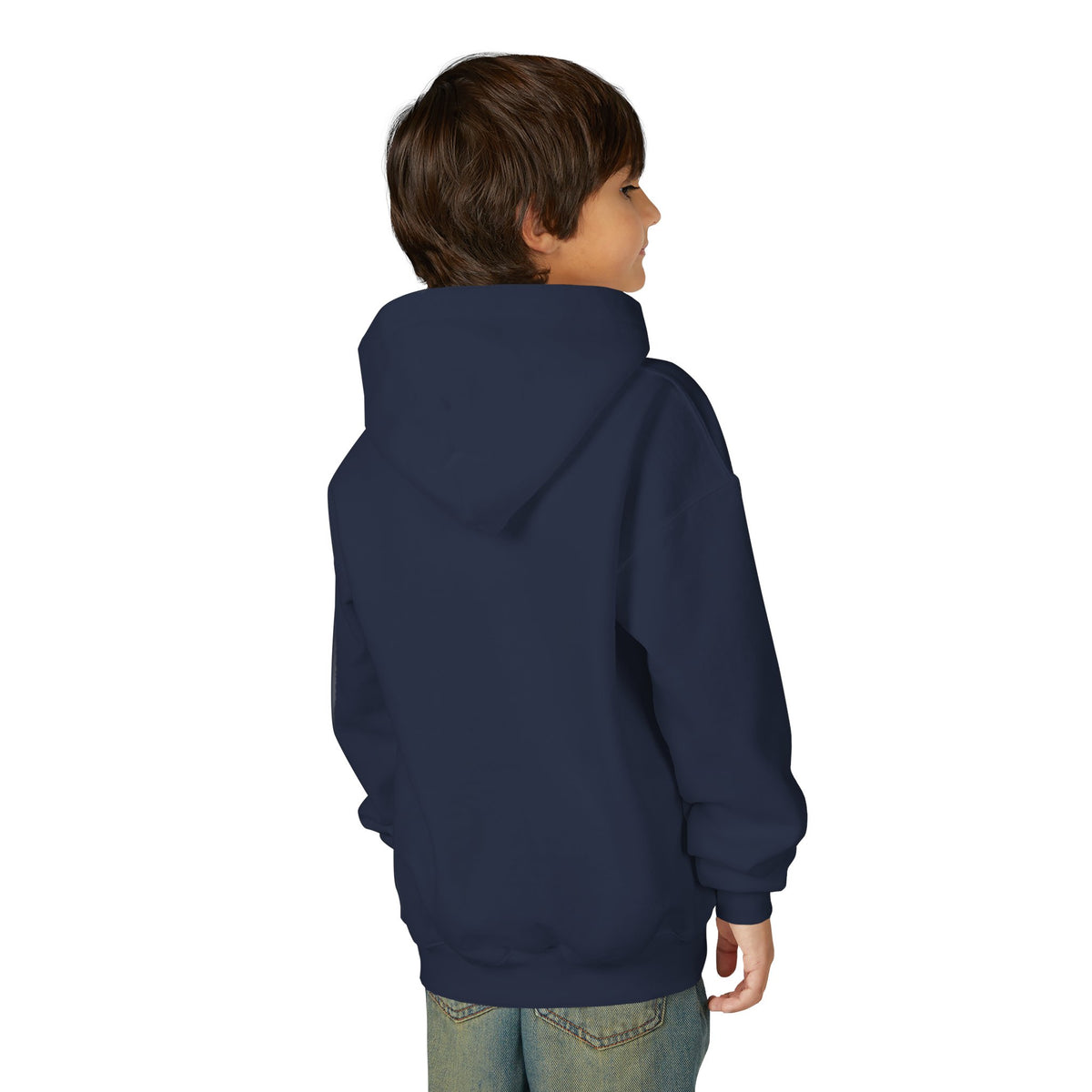 Back view of a young person wearing the Navy youth hoodie — EOWD Autism Living