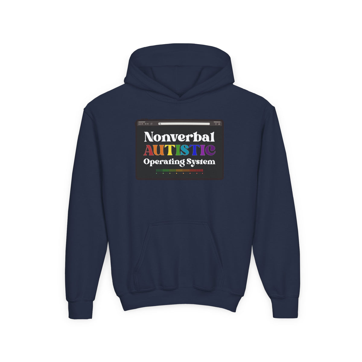 Flat front view of the Navy youth hoodie showing the colorful “Nonverbal AUTISTIC Operating System” graphic — EOWD Autism Living