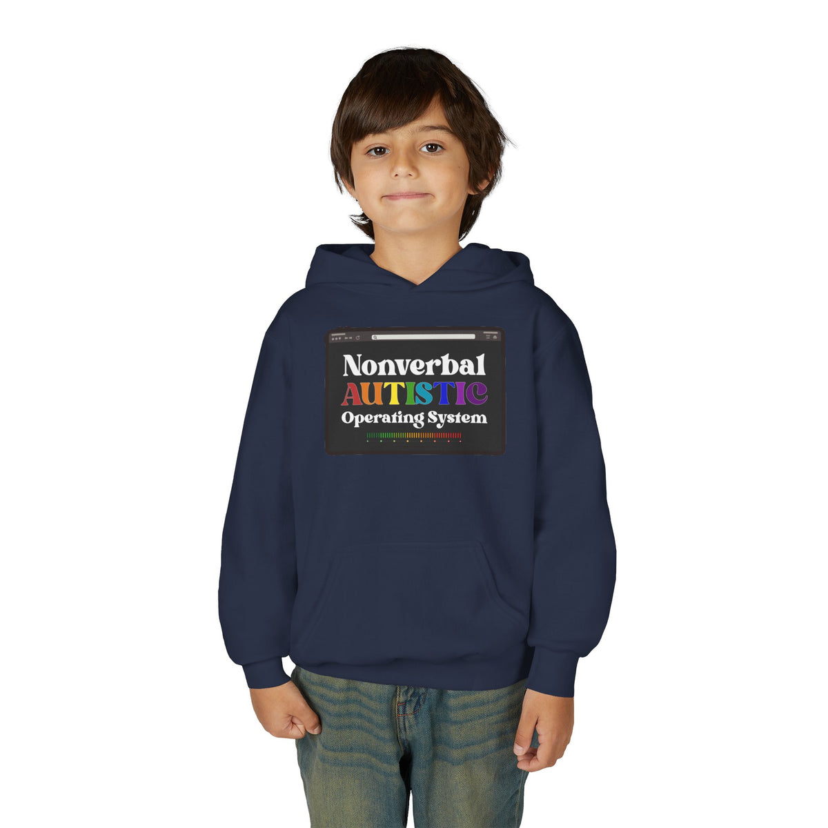 Front view of a young person wearing the Navy youth hoodie with the colorful “Nonverbal AUTISTIC Operating System” graphic — EOWD Autism Living