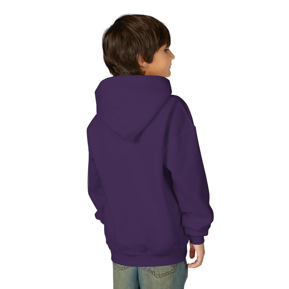 Back view of a young person wearing the Purple youth hoodie — EOWD Autism Living