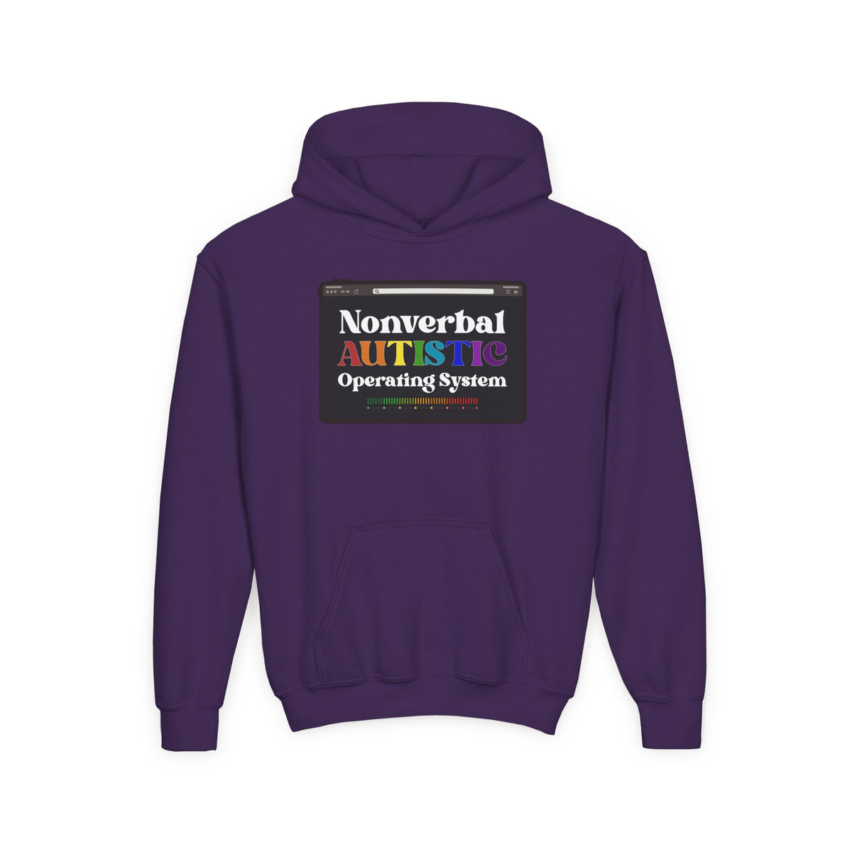 Flat front view of the Purple youth hoodie showing the colorful “Nonverbal AUTISTIC Operating System” graphic — EOWD Autism Living
