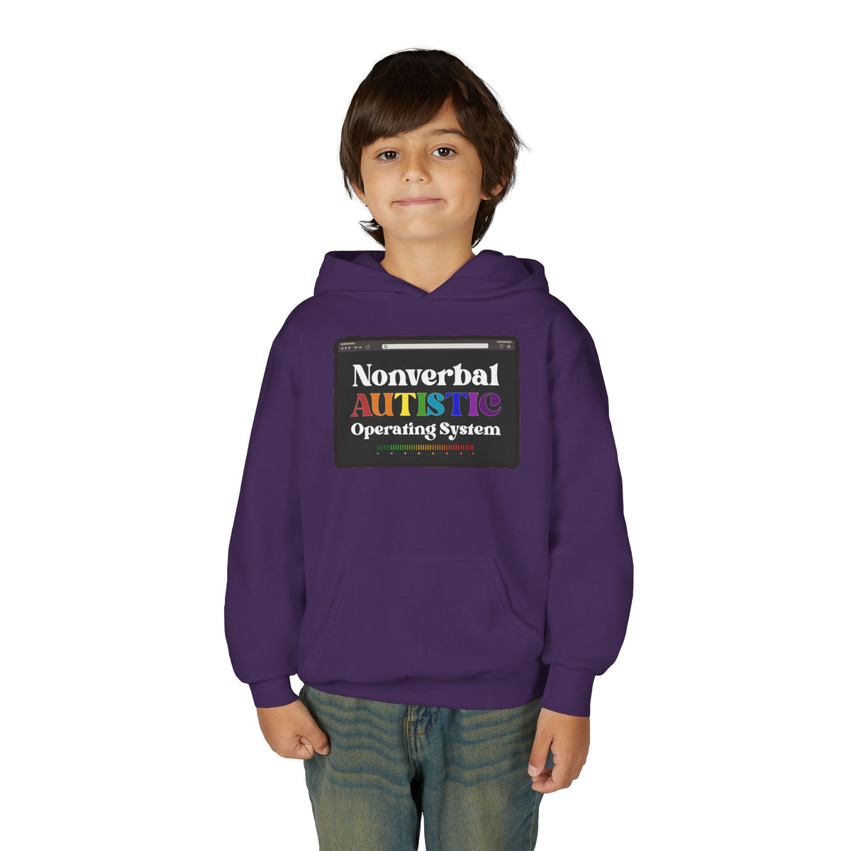 Front view of a young person wearing the Purple youth hoodie with the colorful “Nonverbal AUTISTIC Operating System” graphic — EOWD Autism Living