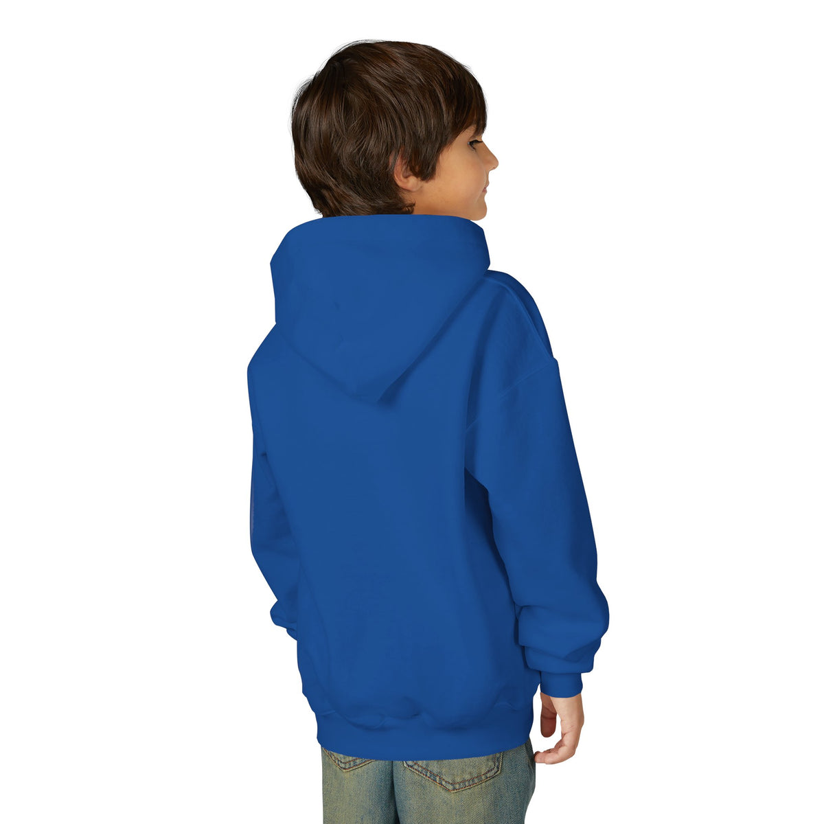 Back view of a young person wearing the Royal youth hoodie — EOWD Autism Living