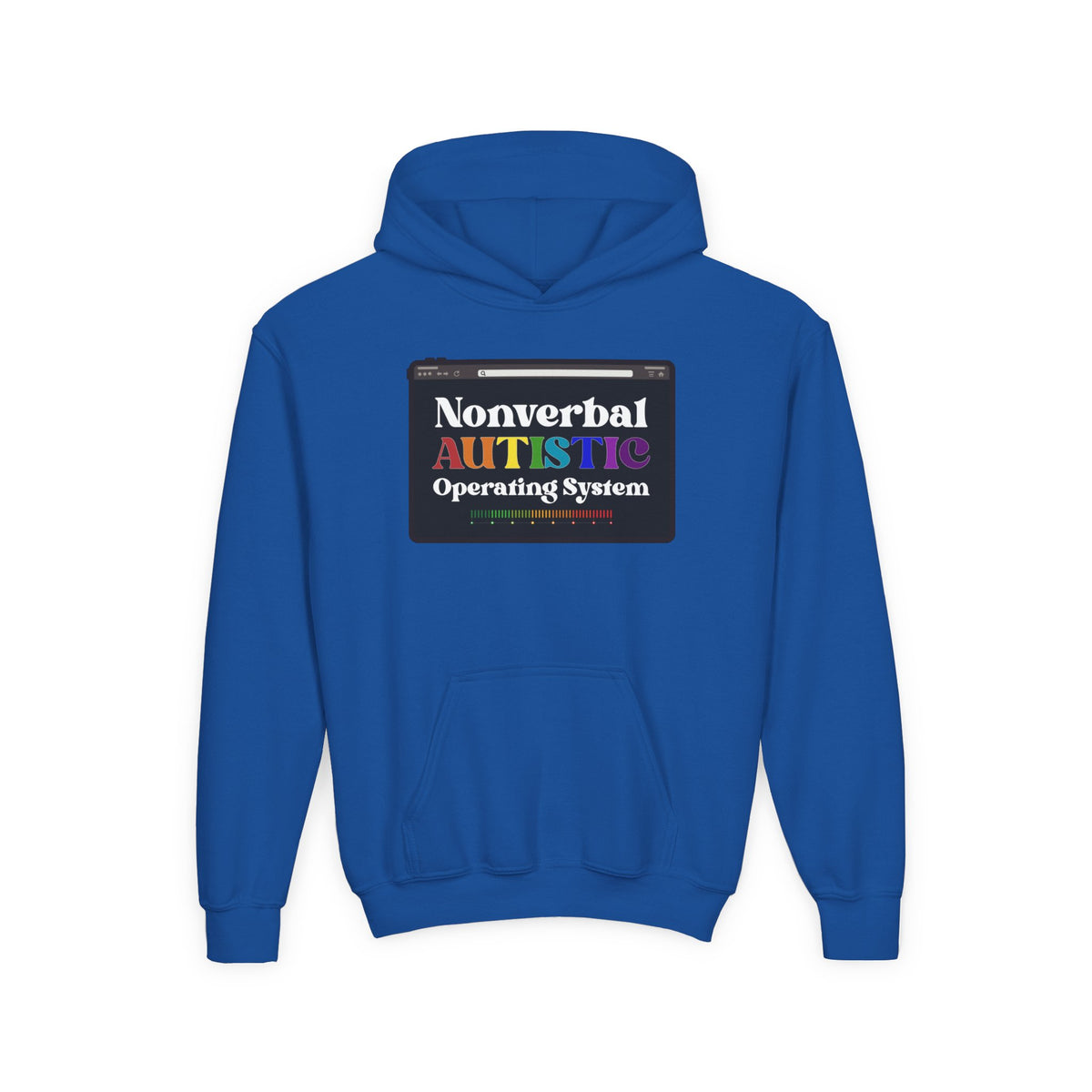 Flat front view of the Royal youth hoodie showing the colorful “Nonverbal AUTISTIC Operating System” graphic — EOWD Autism Living