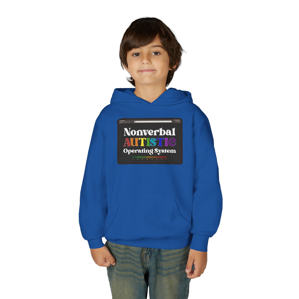 Front view of a young person wearing the Royal youth hoodie with the colorful “Nonverbal AUTISTIC Operating System” graphic — EOWD Autism Living