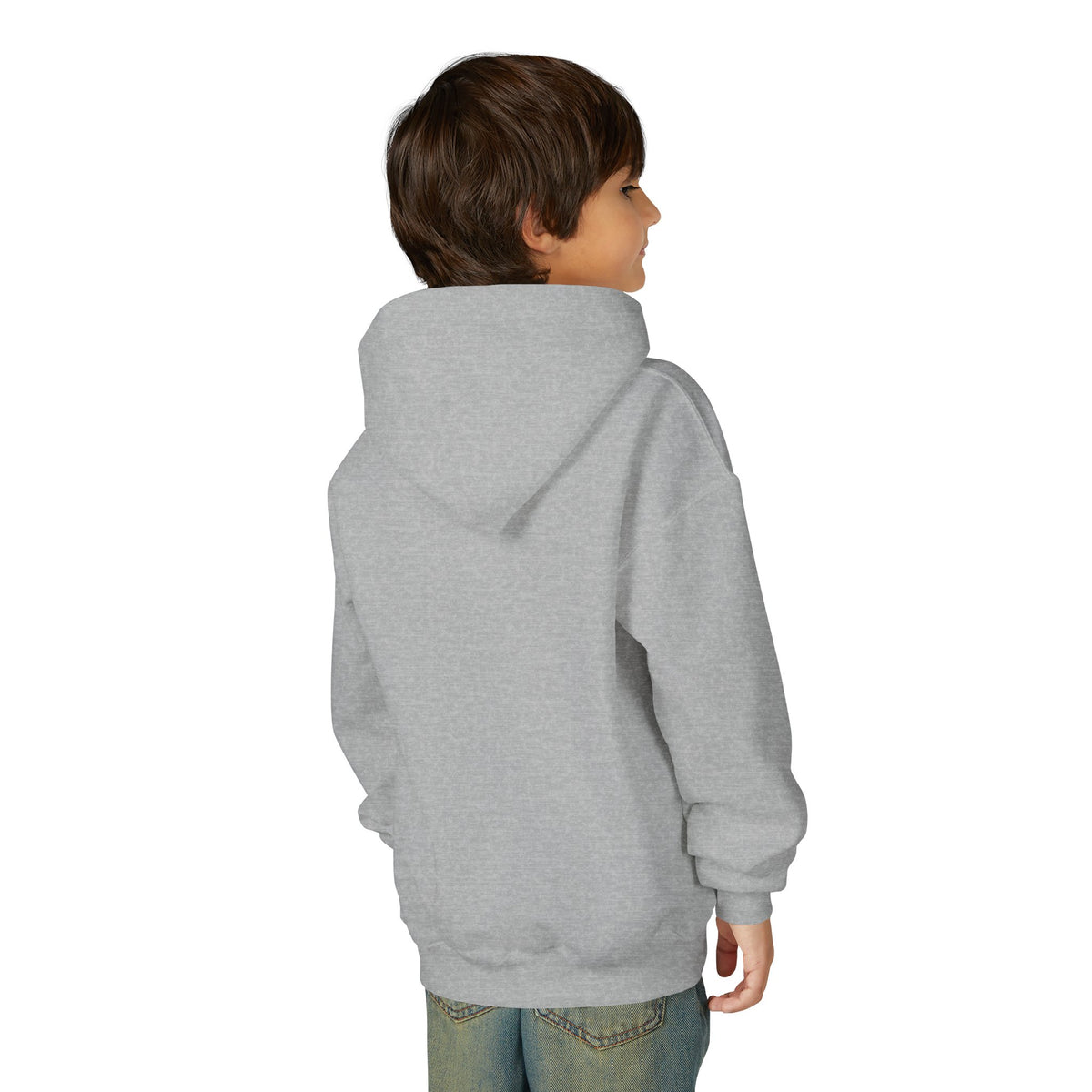 Back view of a young person wearing the Sport Grey youth hoodie — EOWD Autism Living