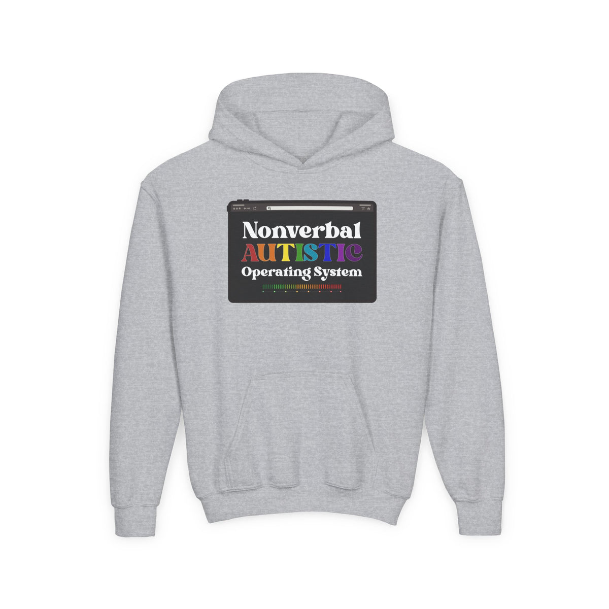 Flat front view of the Sport Grey youth hoodie showing the colorful “Nonverbal AUTISTIC Operating System” graphic — EOWD Autism Living