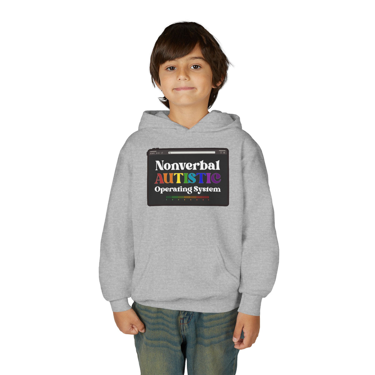 Front view of a young person wearing the Sport Grey youth hoodie with the colorful “Nonverbal AUTISTIC Operating System” graphic — EOWD Autism Living