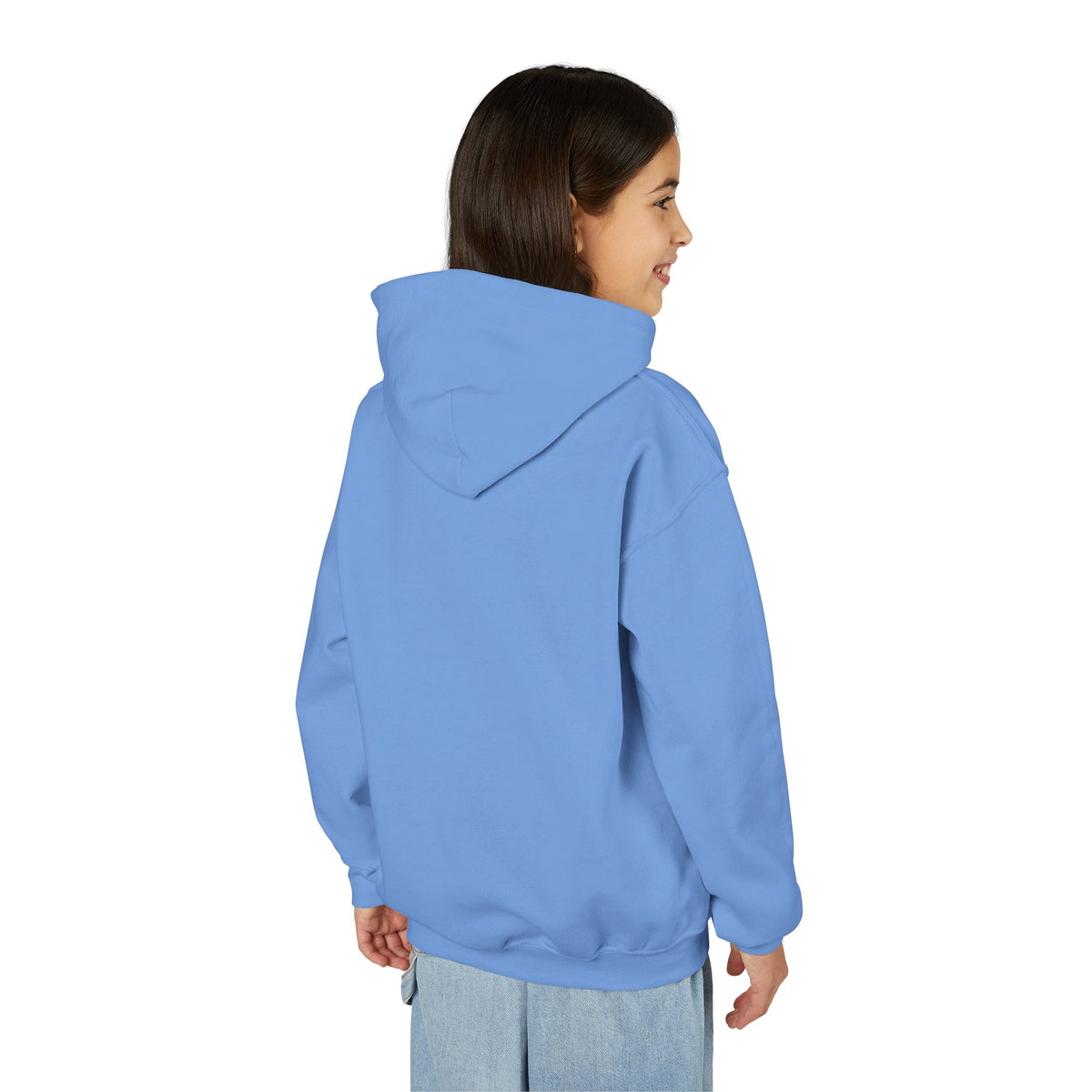 Back view of a young person wearing the Carolina Blue youth hoodie — EOWD Autism Living⠋