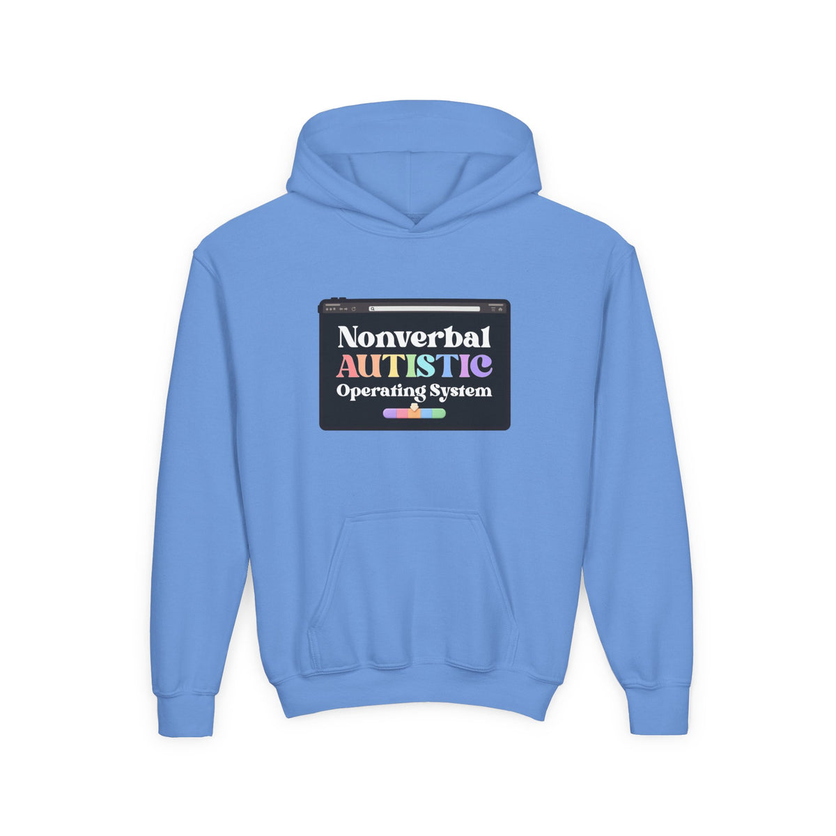 Flat front view of the Carolina Blue youth hoodie showing the “Nonverbal AUTISTIC Operating System” tablet graphic — EOWD Autism Living