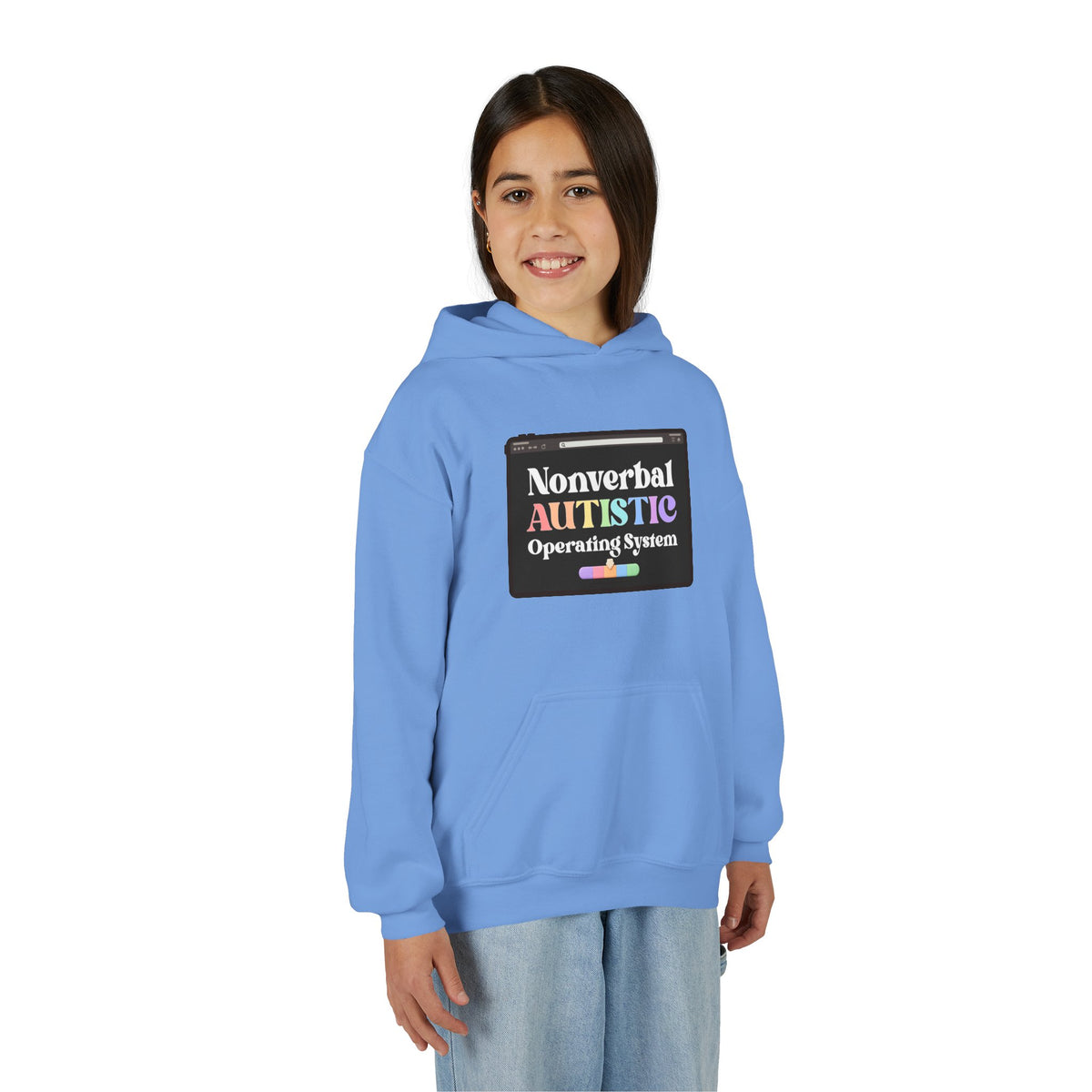 Front view of a young person wearing the Carolina Blue youth hoodie with the “Nonverbal AUTISTIC Operating System” tablet graphic — EOWD Autism Living