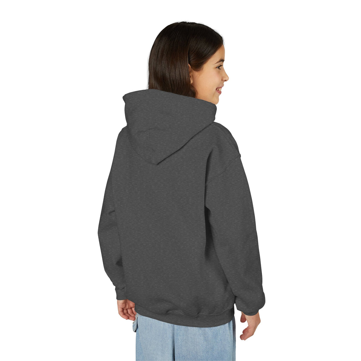 Back view of a young person wearing the Dark Heather youth hoodie — EOWD Autism Living