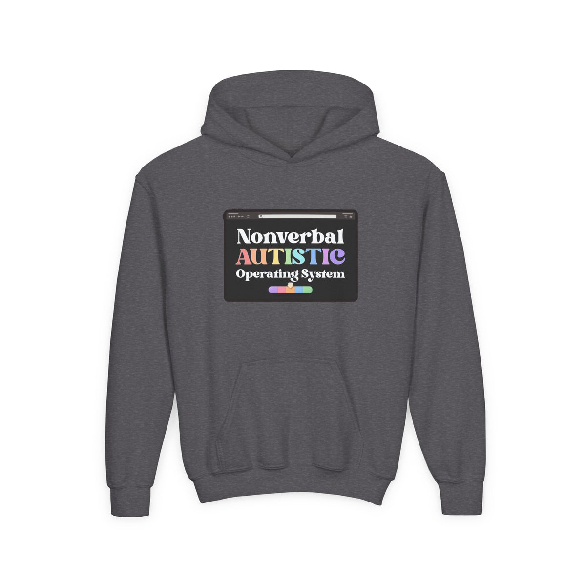 Flat front view of the Dark Heather youth hoodie showing the “Nonverbal AUTISTIC Operating System” tablet graphic — EOWD Autism Living