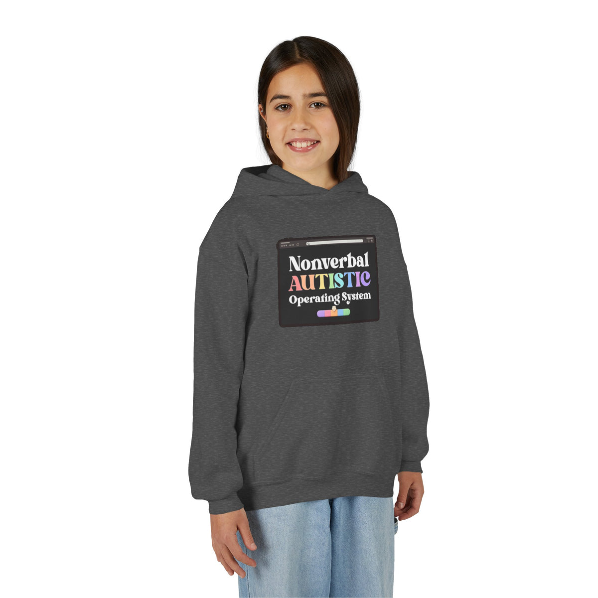 Front view of a young person wearing the Dark Heather youth hoodie with the “Nonverbal AUTISTIC Operating System” tablet graphic — EOWD Autism Living