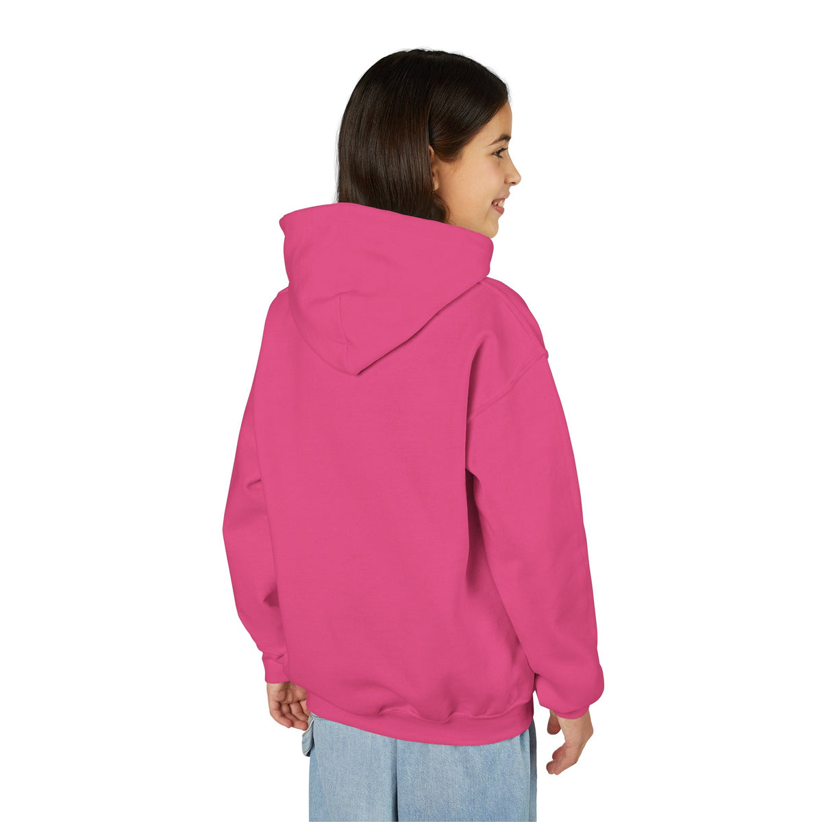 Back view of a young person wearing the Heliconia youth hoodie — EOWD Autism Living