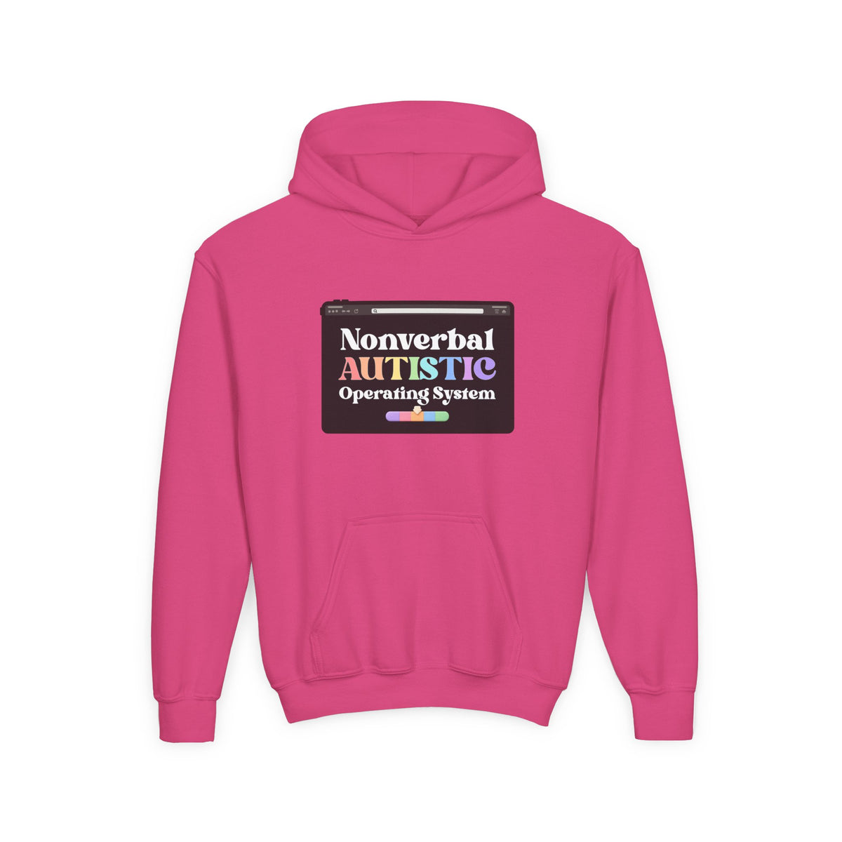 Flat front view of the Heliconia youth hoodie showing the “Nonverbal AUTISTIC Operating System” tablet graphic — EOWD Autism Living
