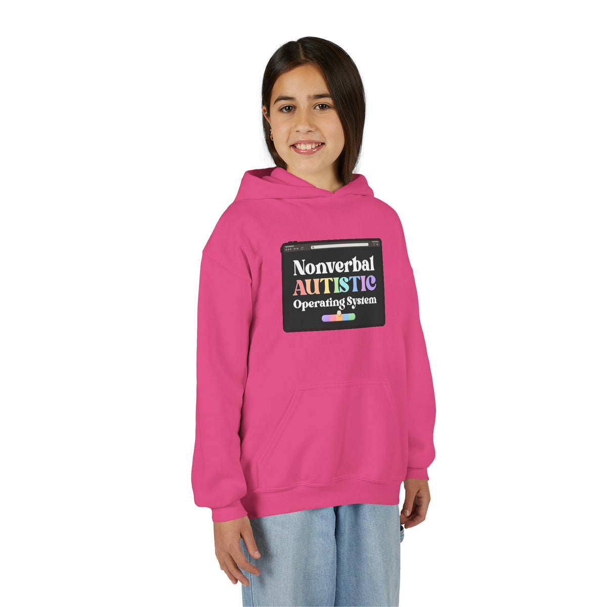 Front view of a young person wearing the Heliconia youth hoodie with the “Nonverbal AUTISTIC Operating System” tablet graphic — EOWD Autism Living
