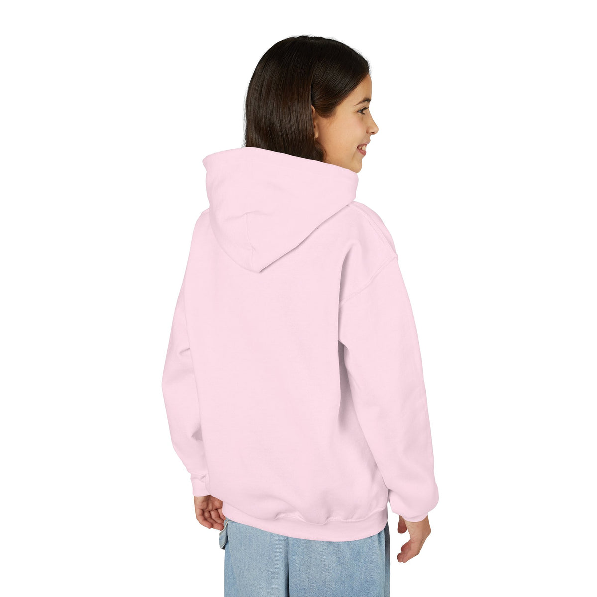Back view of a young person wearing the Light Pink youth hoodie — EOWD Autism Living
