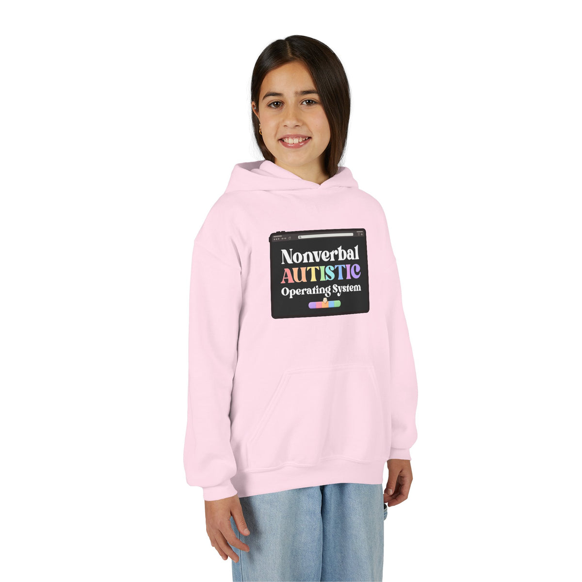 Front view of a young person wearing the Light Pink youth hoodie with the “Nonverbal AUTISTIC Operating System” tablet graphic — EOWD Autism Living