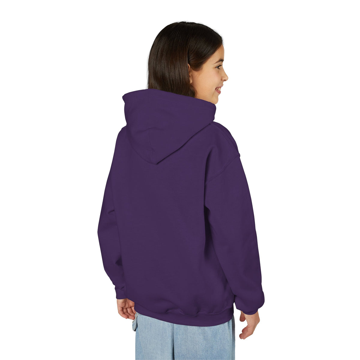 Back view of a young person wearing the Purple youth hoodie — EOWD Autism Living
