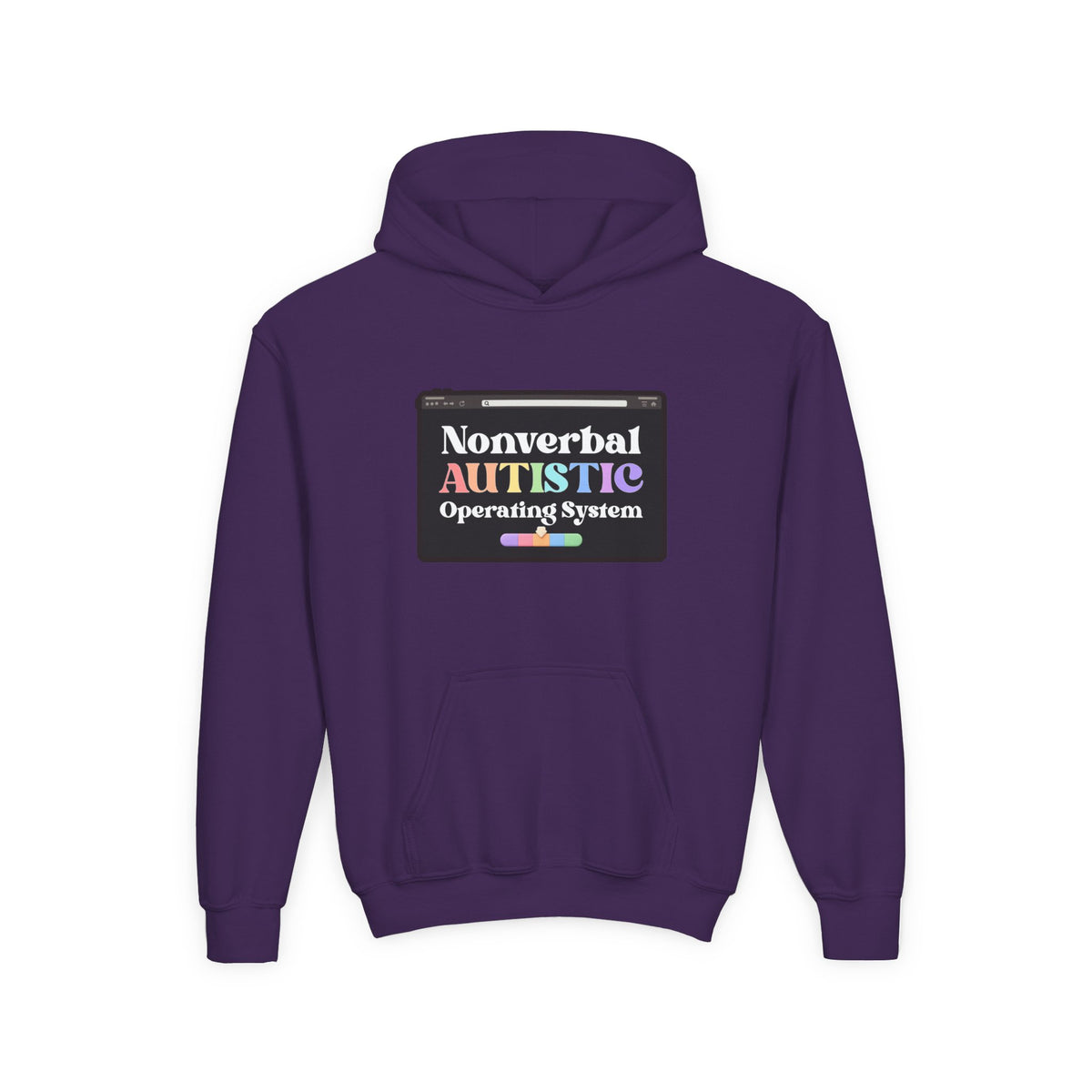 Flat front view of the Purple youth hoodie showing the “Nonverbal AUTISTIC Operating System” tablet graphic — EOWD Autism Living⠋