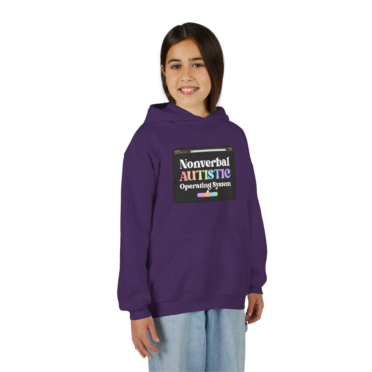 Front view of a young person wearing the Purple youth hoodie with the “Nonverbal AUTISTIC Operating System” tablet graphic — EOWD Autism Living