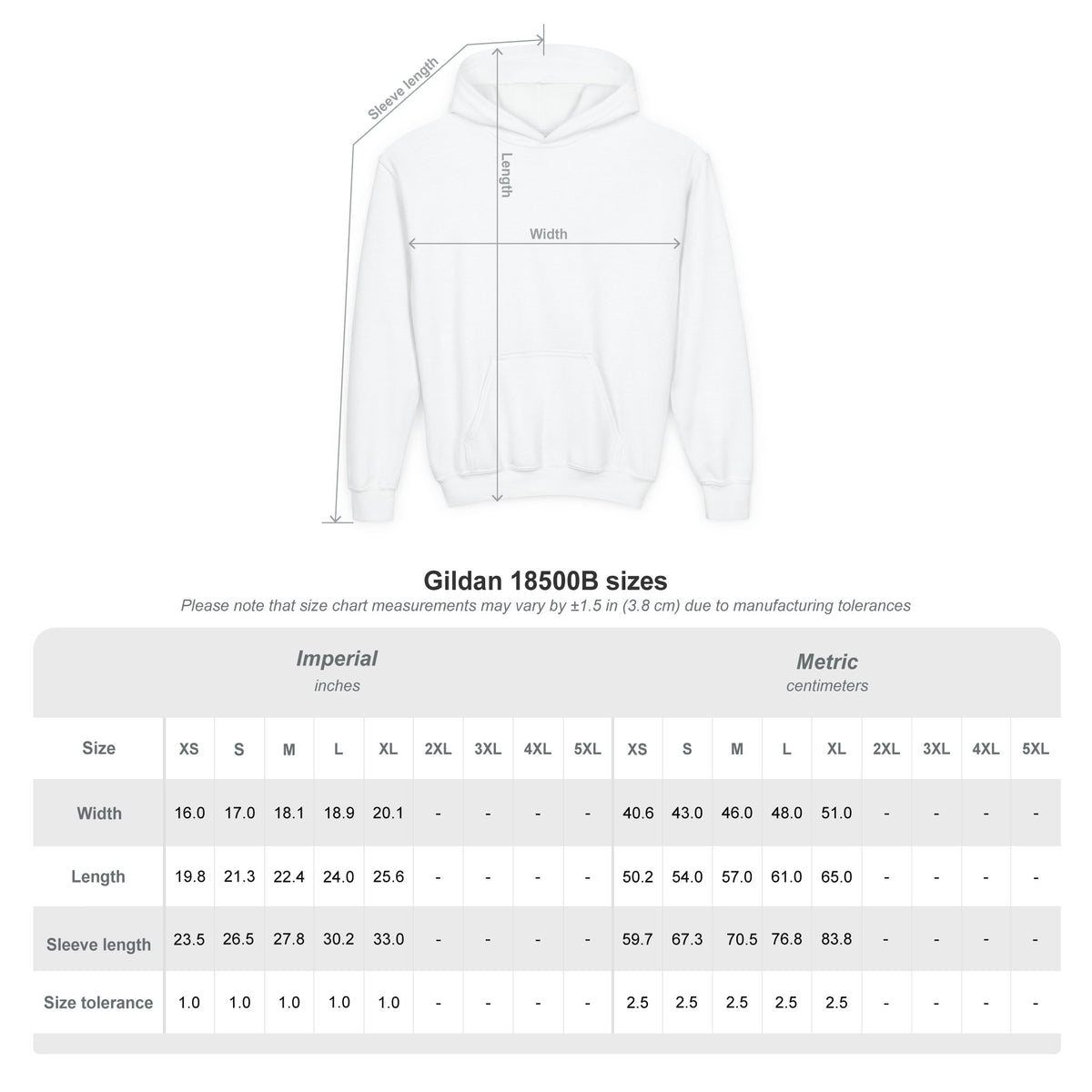 Gildan 18500B youth hoodie size chart showing garment width, length, and sleeve measurements in centimeters and inches — EOWD Autism Living