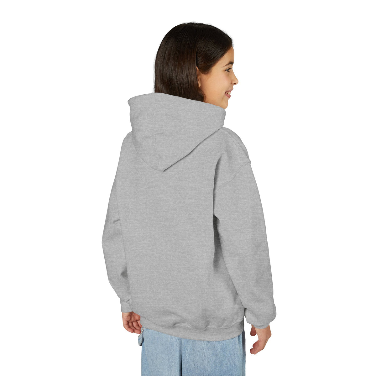Back view of a young person wearing the Sport Grey youth hoodie — EOWD Autism Living