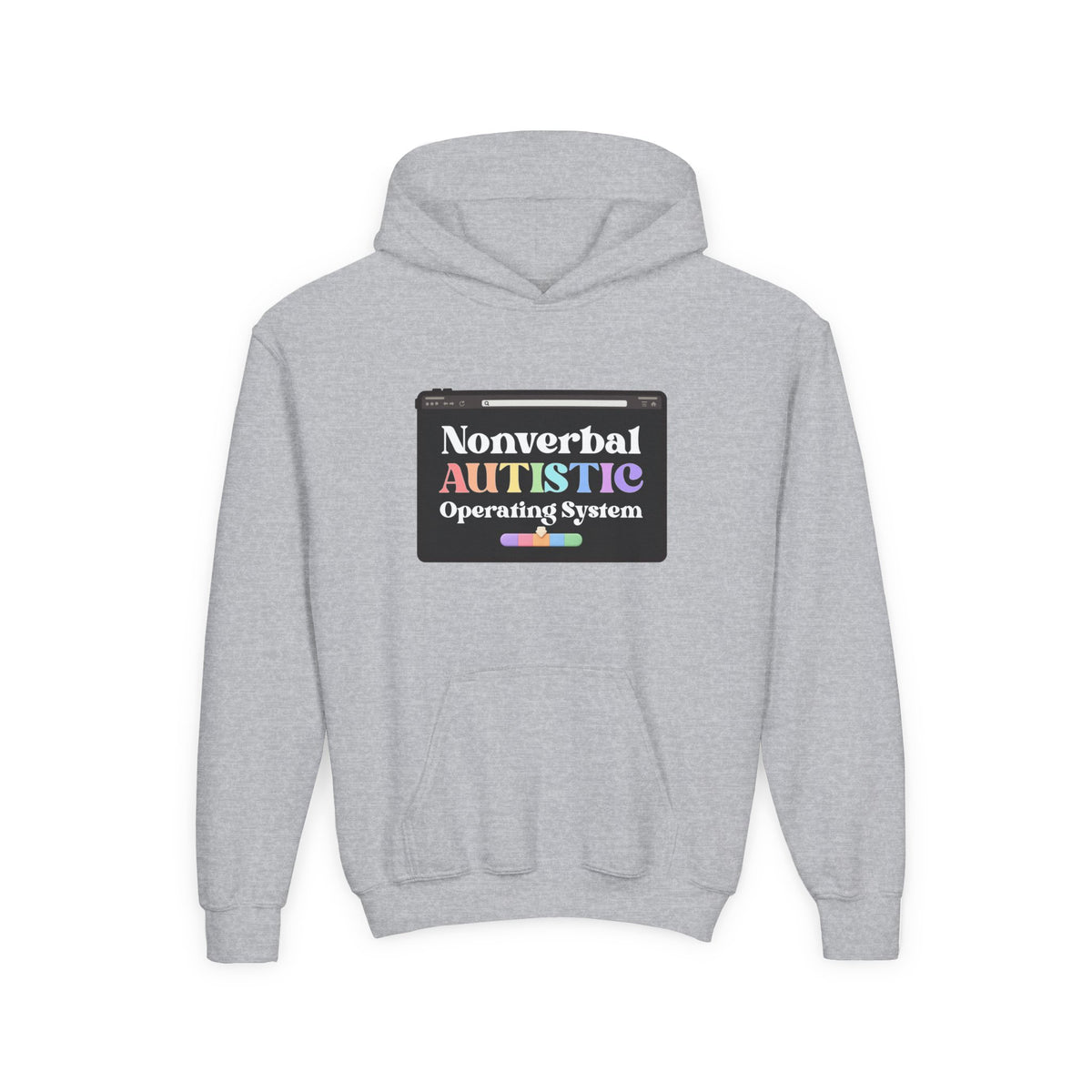 Flat front view of the Sport Grey youth hoodie showing the “Nonverbal AUTISTIC Operating System” tablet graphic — EOWD Autism Living
