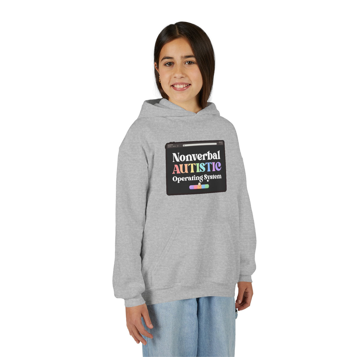 Front view of a young person wearing the Sport Grey youth hoodie with the “Nonverbal AUTISTIC Operating System” tablet graphic — EOWD Autism Living