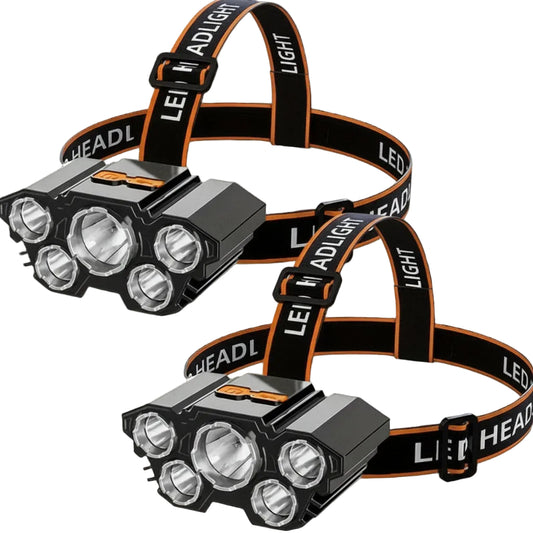 2 black 5-LED rechargeable headlamps with orange-accented adjustable headbands on white background — BazaarBox via EOWD Autism Living