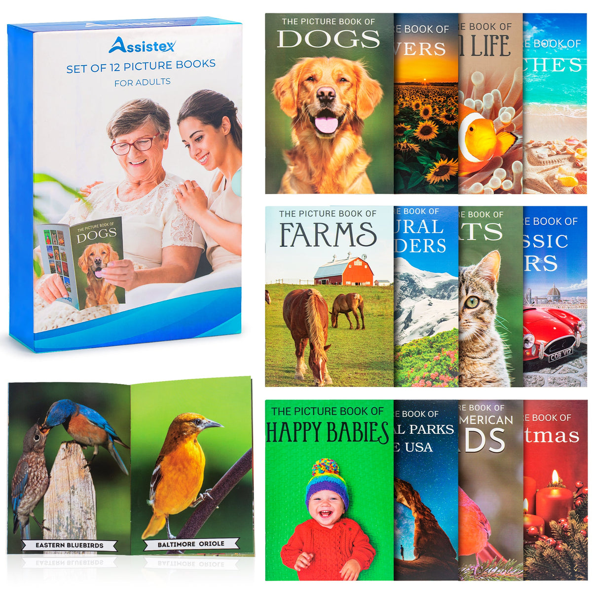 Assistex 12-book picture book set for seniors displayed as a collection of colorful softcover books in gift box packaging — Assistex via EOWD Autism Living