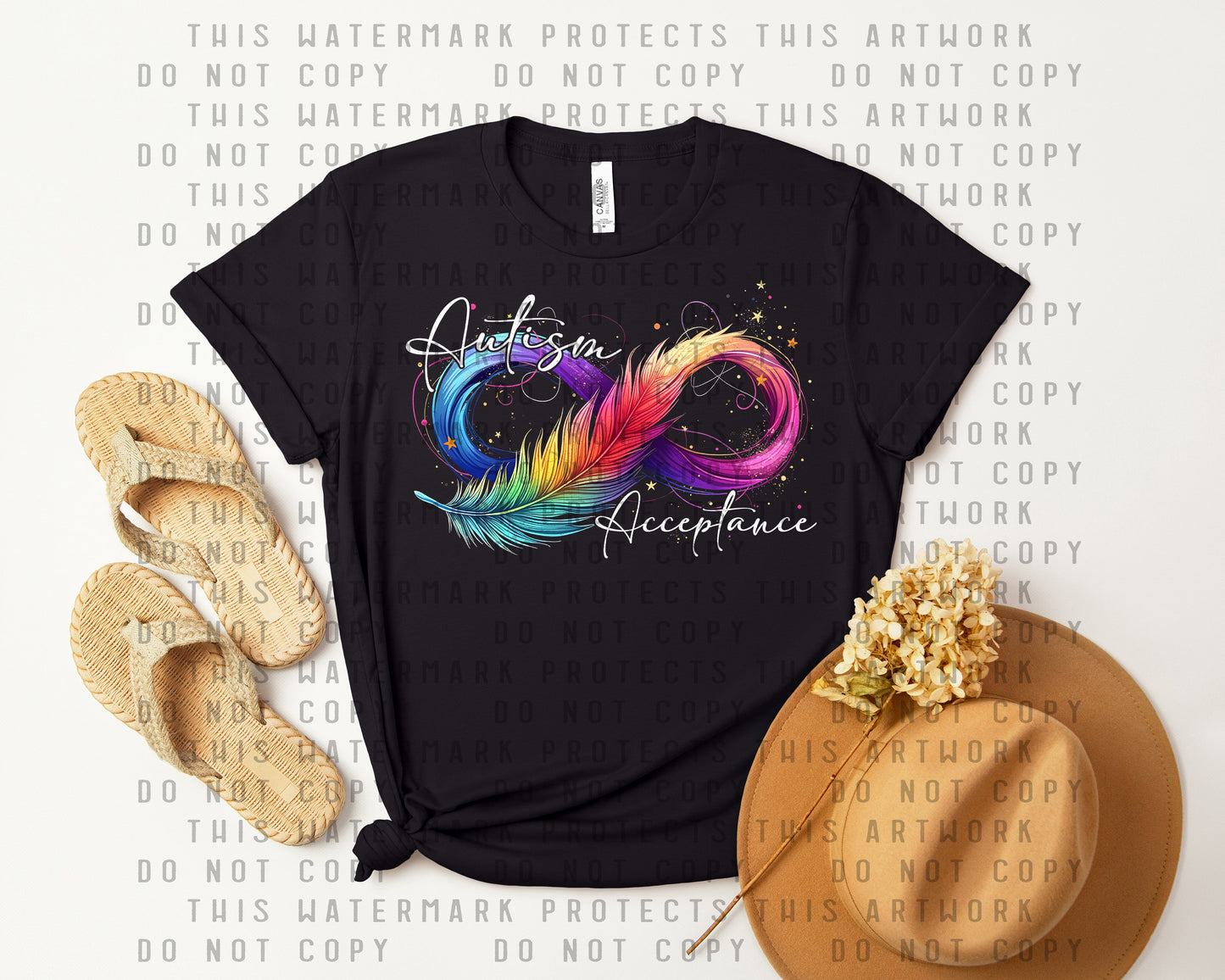 Black unisex crew neck graphic tee with colorful autism acceptance infinity design, shown as a flat lay mock-up with sandals and straw hat — Anchored Grace Boutique via EOWD Autism Living