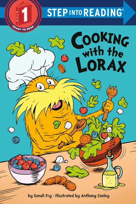 Paperback cover of Cooking with the Lorax by Sonali Fry — Lorax in chef's hat with vegetables, Step 1 reader — Books by splitShops via EOWD Autism Living