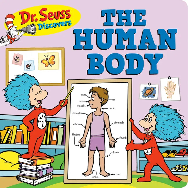 Board book cover of Dr. Seuss Discovers The Human Body — Thing One and Thing Two with a body diagram — Books by splitShops via EOWD Autism Living
