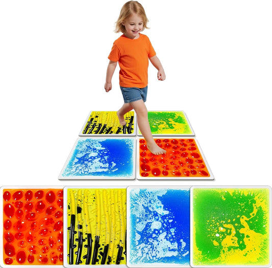 Sensory Floor Tiles for Kids Ages 3+ – 12" Liquid & Textured Step-On Tiles with Non-Slip Base, Colorful Liquid Motion for Interactive Play in Classroom or Playroom (4 Pack)