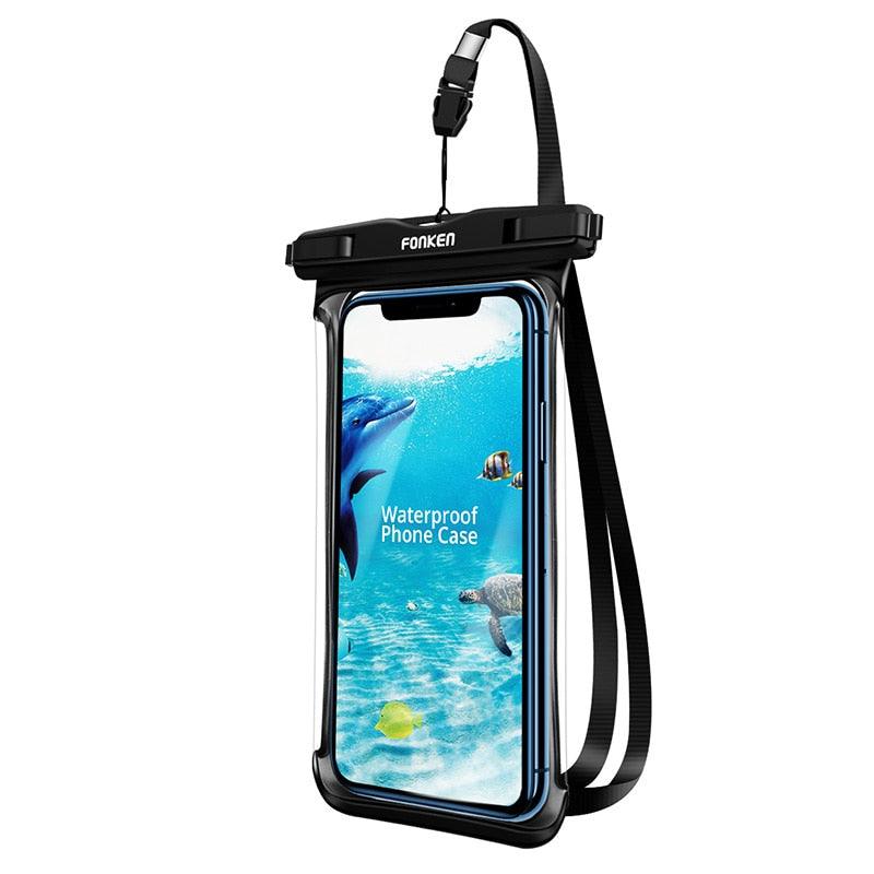 Fonken full-view waterproof phone case with lanyard in black on white background — Stevvex via EOWD Autism Living