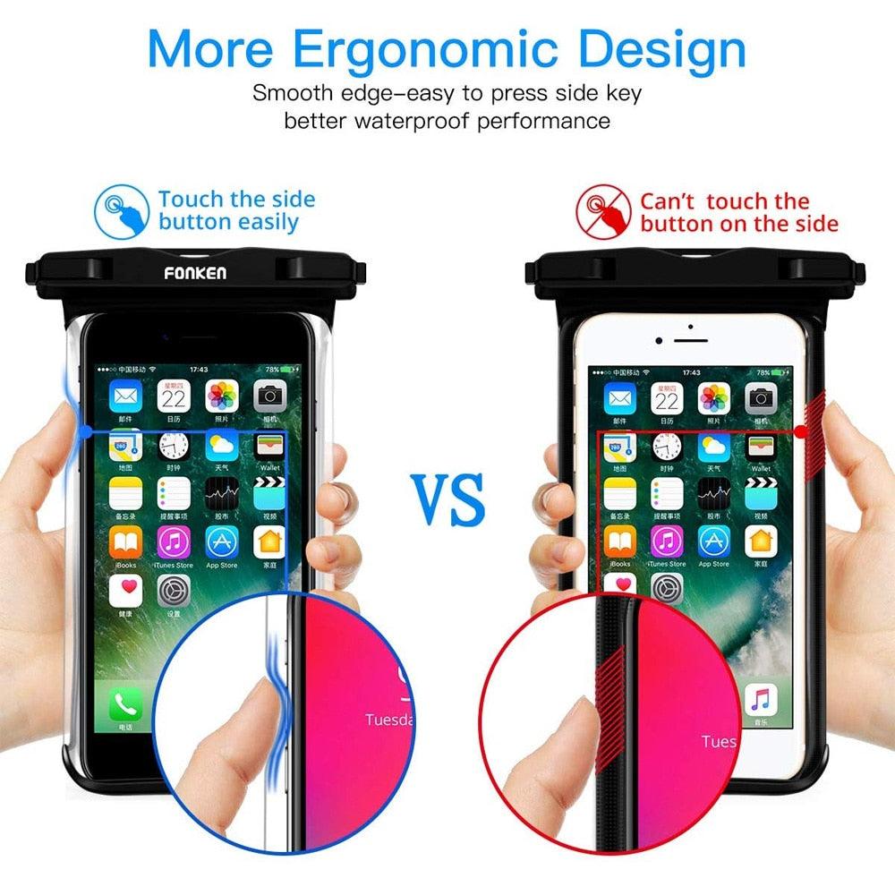Infographic comparing Fonken waterproof phone case ergonomic design features against standard cases — Stevvex via EOWD Autism Living