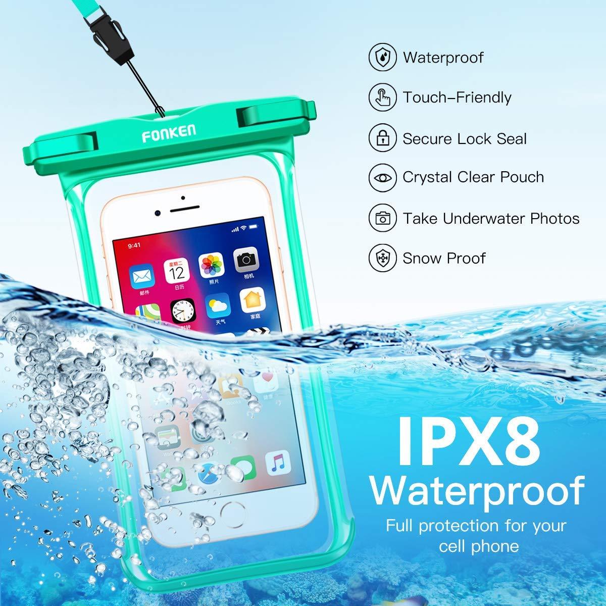 Infographic showing Fonken full-view waterproof phone case IPX8 waterproof rating and feature details — Stevvex via EOWD Autism Living